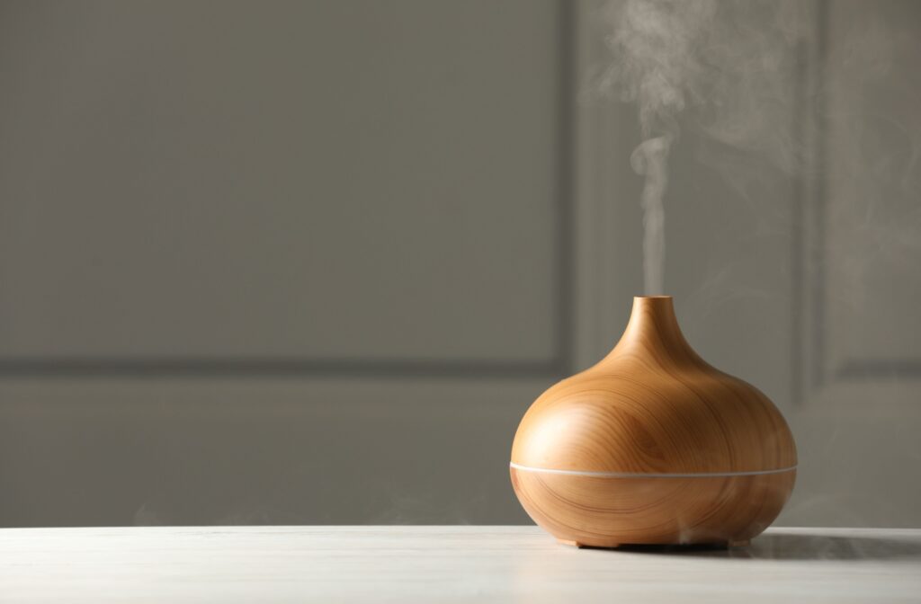 A wood humidifier in a white room