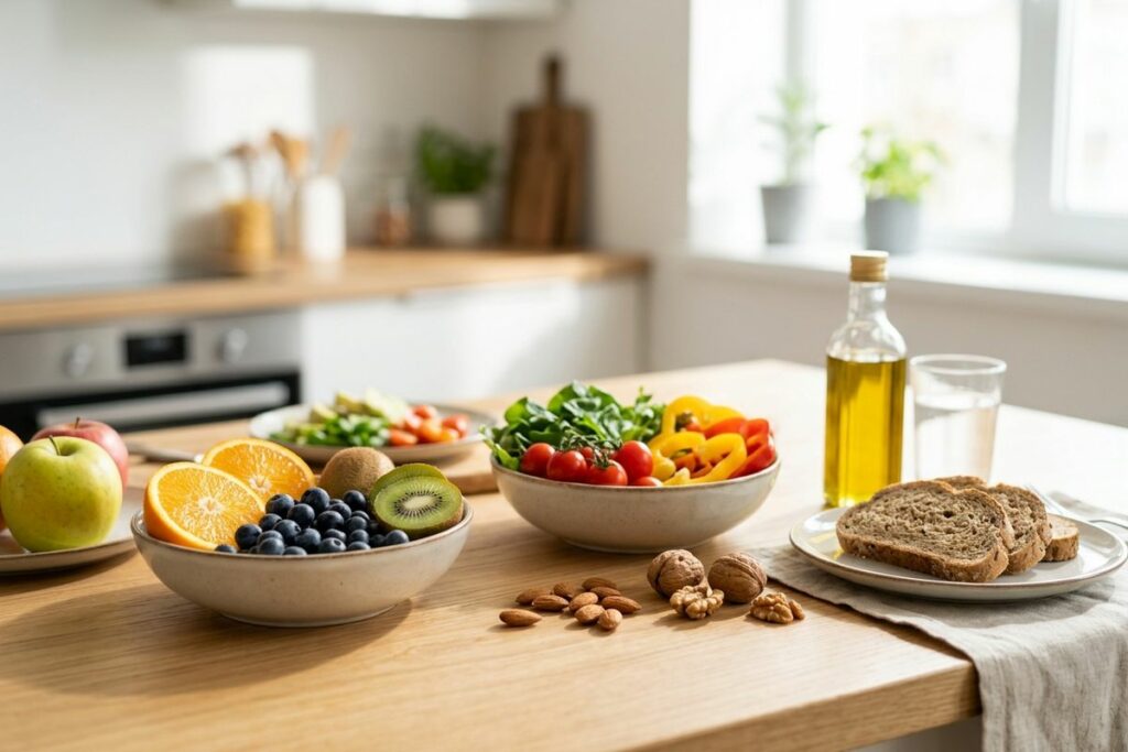 A variety of nutritious fruits and vegetables rich in vitamins are placed on the table.