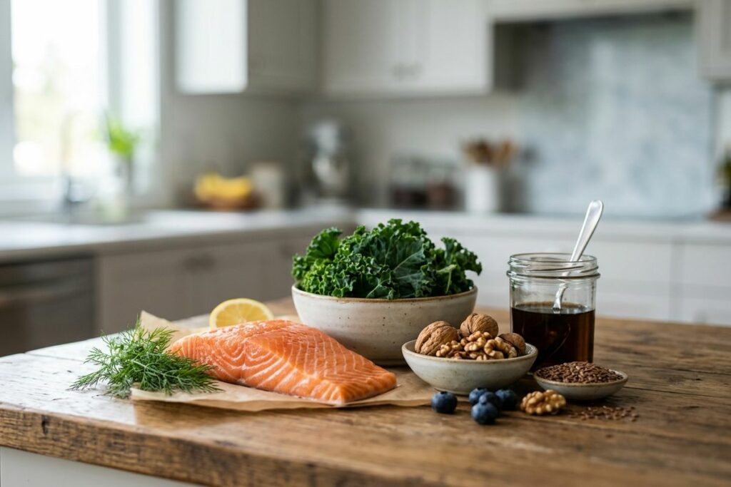 Fresh, nutrient-rich foods on a wooden kitchen counter, including a salmon fillet, kale, walnuts, flaxseeds, blueberries, lemon, fresh dill, and a jar of dressing or oil in a bright modern kitchen.