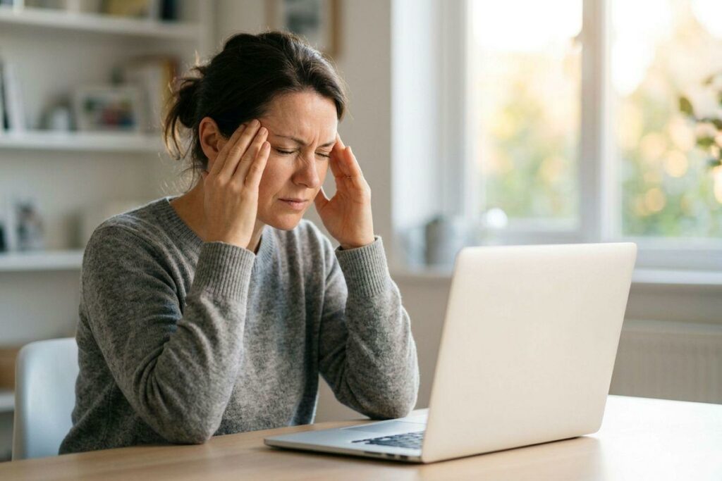 Adult in a gray sweater sits at a table with a laptop, eyes closed and wincing, pressing fingers to their temples in a bright room.