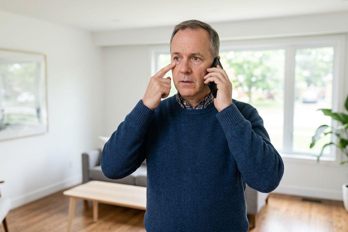 Concerned adult in a navy sweater talks on a phone while touching the skin below one eye, standing in a bright living room.