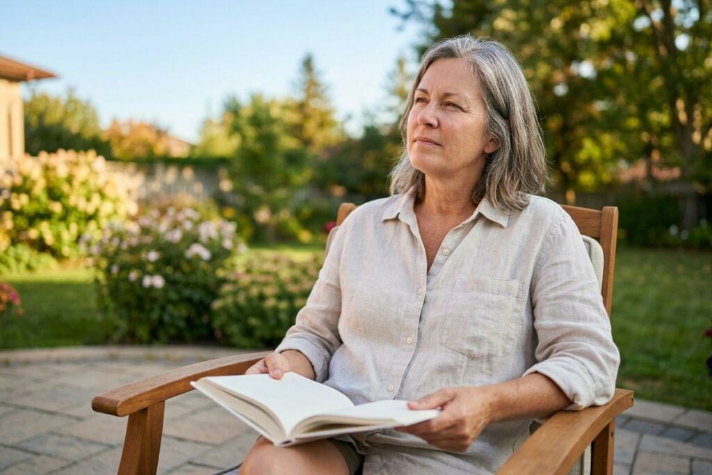Gray-haired adult sits in a wooden chair on a garden patio, holding an open book and gazing thoughtfully into the distance, with flowering shrubs behind.