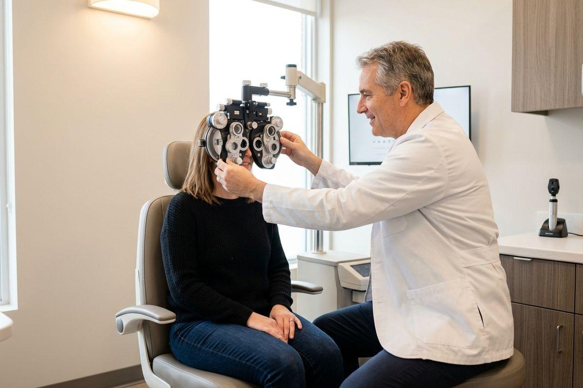 Smiling optometrist adjusts a phoropter in front of a seated patient's eyes during an eye exam in a bright exam room.